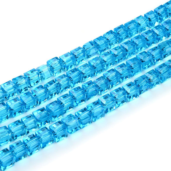100pcs Creative Club Faceted Cube Crystal Glass Beads, Aqua Blue, 6mm, Hole ID 1mm, CCC610