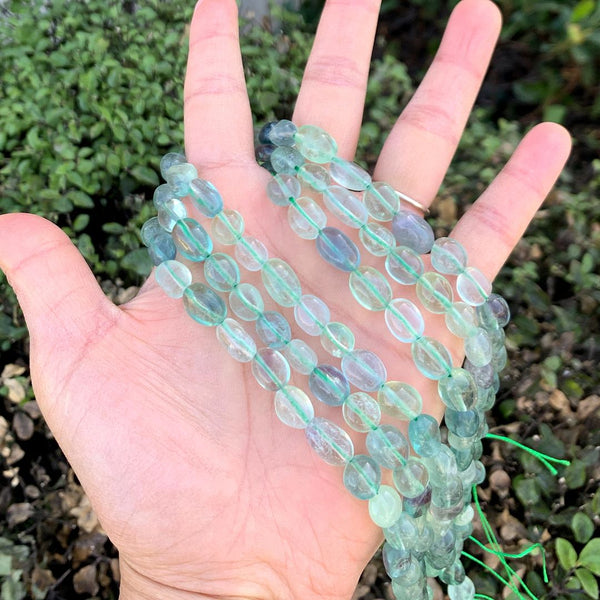 Natural Multi-color Fluorite Gemstone Oval Tumbled Pebble Beads, Irregular, 7mm to 10mm, Hole ID 1mm, 15 Inch/1 Strand, GZ12-42