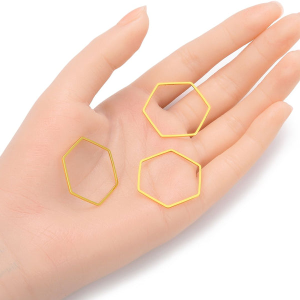 10pcs Hexagon Beading Hoop Links, Tarnish Resistant, 18K Yellow Gold Plated Brass, Size Selection: 20mm/26mm/30mm