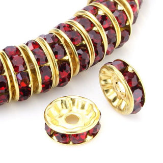 100pcs Grade A Rhinestone Rondelle Beads, Siam Red Rhinestone, 18K Yellow Gold Plated Brass, Size Selections: 5mm/6mm/8mm/10mm/12mm