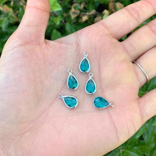 10pcs Grade A December Blue Zircon Teardrop Birthstone Charm Drop, Sterling Silver Plated Brass, Size Selections: 11x7mm, 14x8mm, 16x9mm