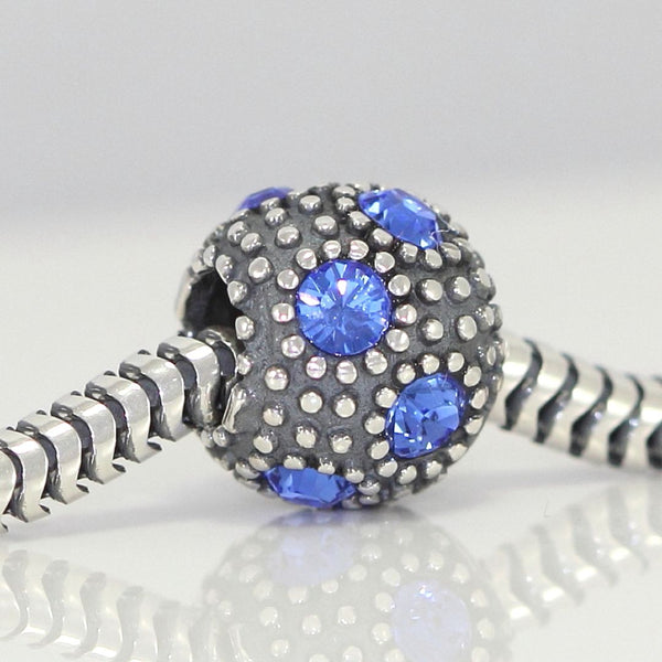 1pc 925 Sterling Silver September Birthstone Bead Charm, Blue Sapphire Cubic Zirconia CZ, 10.3x9mm, Hole ID 4.5mm, EC1-M9