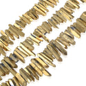 1 Strand Natural Raw Crystal Quartz Gemstone Beads, Small Drilled Stone Points, Gold Titanium Coated Stone Stick, 15 Inch, GA3