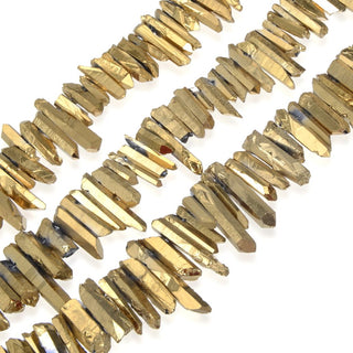 1 Strand Natural Raw Crystal Quartz Gemstone Beads, Small Drilled Stone Points, Gold Titanium Coated Stone Stick, 15 Inch, GA3