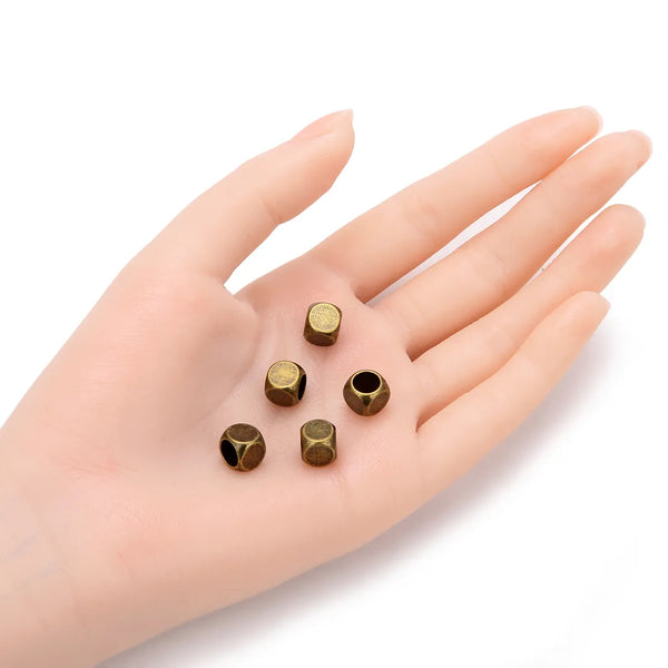 100pcs Large Hole Cube Beads, Antique Bronze Plated Brass, Tarnish Resistant, Size Selections: 3mm/4mm/5mm/6mm/8mm