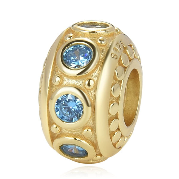 1pc Real Gold Plated 925 Sterling Silver December Birthstone Bead Charm, Blue Zircon Cubic Zirconia CZ, 11x6.8mm, Hole ID 4.5mm, EC1-B12