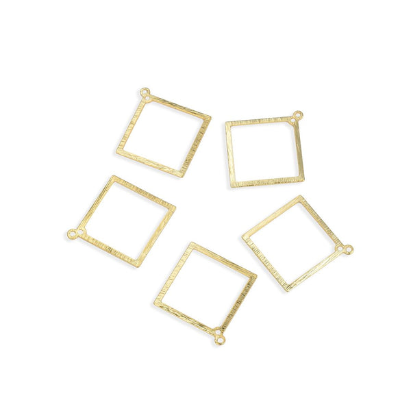 10pcs 15mm 2-Hole Square Drop Pendants, Tarnish Resistant, 18K Yellow Gold Plated Brushed Brass, BF-A1