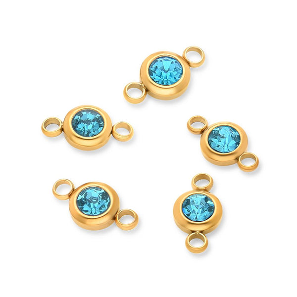 10pcs Grade A December Blue Zircon Birthstone Links, 18K Yellow Gold Plated Stainless Steel, Tarnish Resistant, 6mm, CCP35-12