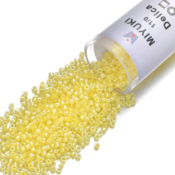 7.5g Miyuki Delica 11/0 Seed Beads, Yellow-Lined Rainbow Crystal Clear DB53