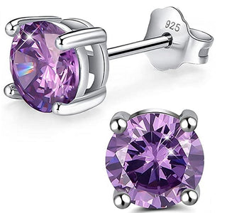 1 Pair 925 Sterling Silver February Birthstone Round Cut Stud Earrings, 8mm/2 Carat Cubic Zirconia CZ Purple Amethyst Stone, SSE49-2