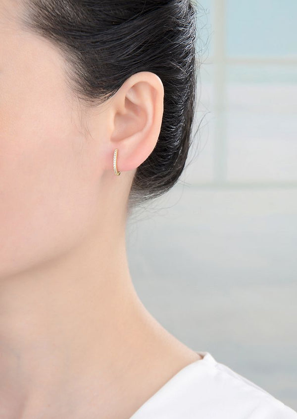 1 Pair Real 18K Yellow Gold Plated Sterling Silver Oval Huggie Hoop Earrings, Pave Cubic Zirconia CZ, 13mm, SSE40-1