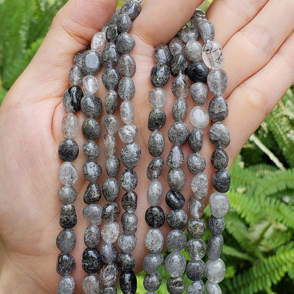 Natural Silver Rutilated Quartz Gemstone Oval Tumbled Pebble Beads, Irregular, 6mm to 8mm, Hole ID 1mm, 15 Inch/1 Strand, GZ11-62