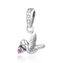 1pc 925 Sterling Silver Bird Charm, Freedom Lover October Birthstone Charm Drop, Pink Tourmaline Cubic Zirconia CZ, 20mm Long, Hole ID 4.5mm, EC1-D10