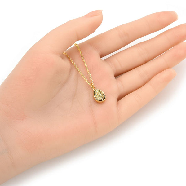 1pc Natural Druzy Crystal Pendant Necklace, Gold Teardrop Small Tiny Gemstone Pendant, 18 inch Gold Plated Stainless Steel Chain, GGP26-1