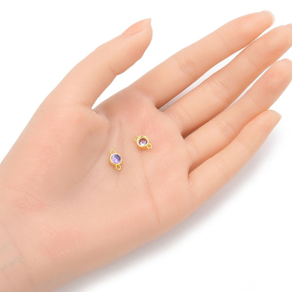 2pcs 925 Sterling Silver 6mm February Birthstone Links, Real 18K Yellow Gold Plated, Amethyst Purple Cubic Zirconia Gemstone Connector, SXP9-2
