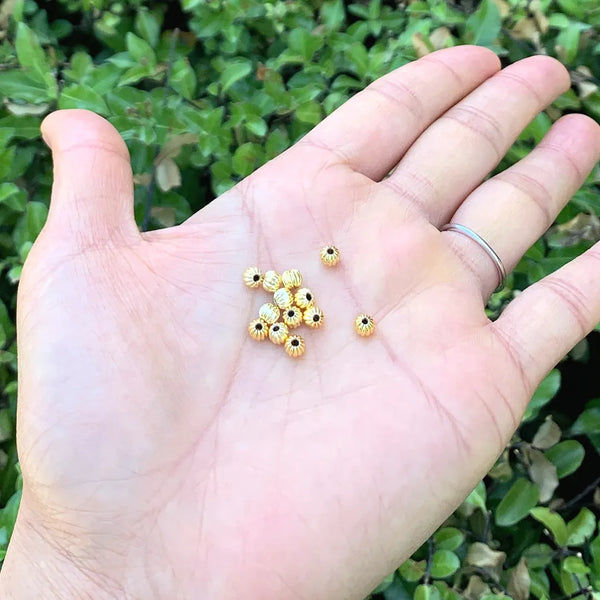 500pcs Sparkle Small Tiny Corrugated Melon Round Beads, 18K Yellow Gold Plated Brass, Size Selections: 3mm/4mm