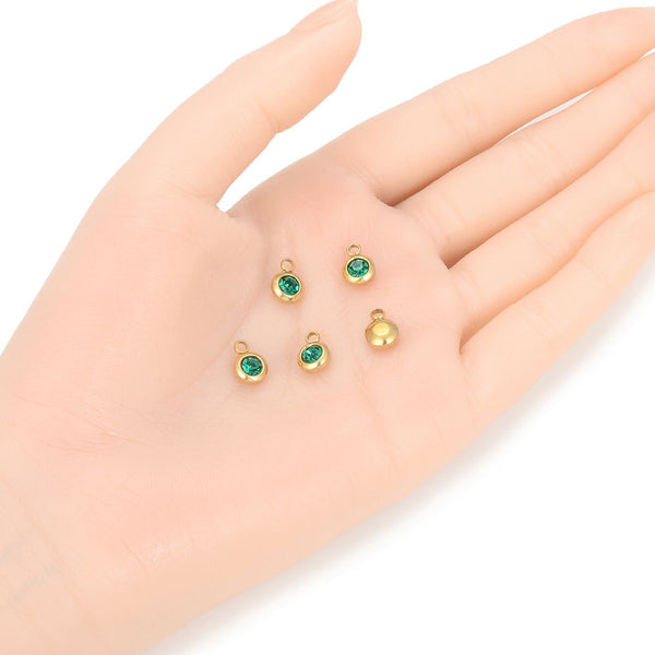 10pcs Grade A May Emerald Green Birthstone Charm Drops, 18K Yellow Gold Plated Stainless Steel, Tarnish Resistant, 6mm, CCP33-5