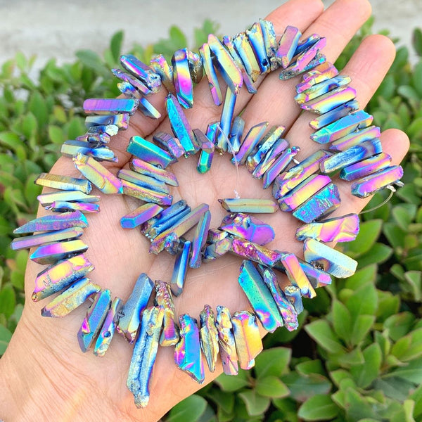 1 Strand Natural Raw Crystal Quartz Gemstone Beads, Small Drilled Stone Points, Rainbow AB Titanium Coated Stone Stick, 15 Inch, GA5