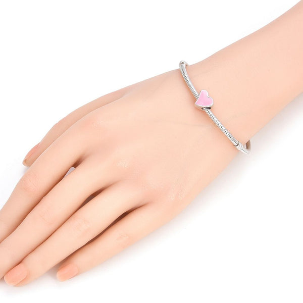 1pc Real 925 Sterling Silver Pink Enamel Heart Love Bead Charm, Compatible with Pandora All Other Charm Bracelet, EC4-B4