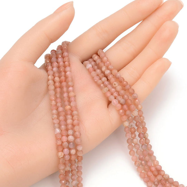 Natural Pink Moonstone Gemstone Tiny Small Faceted Round Beads, 4mm, Hole ID 0.6mm, 15 Inch/1 Strand, GK4-19