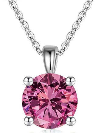 925 Sterling Silver October Birthstone Solitaire Necklace, 6mm/0.84 Carat Pink Tourmaline Cubic Zirconia CZ, Length Selections: 16 inch/18 inch