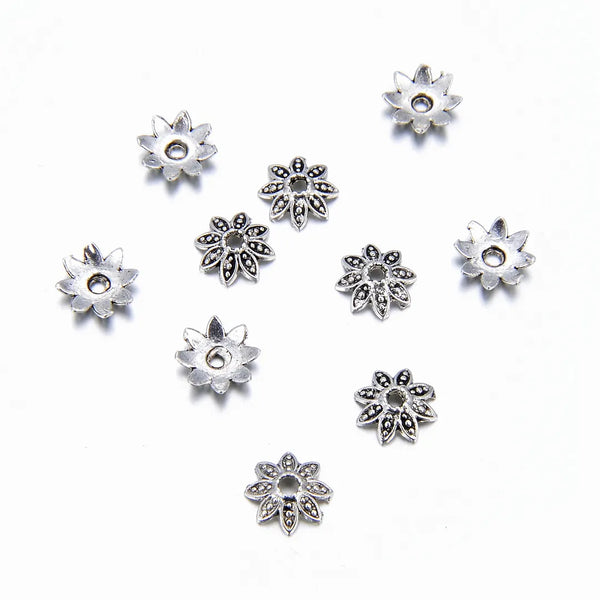 200pcs 8-Petal Flower Bead Caps, 7mm Bead End Caps, Antique Silver, MC-AB13