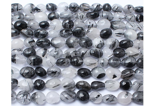 Natural Grade A Black Quartz Rutilated Gemstone Oval Tumbled Pebble Beads, Irregular, 6mm to 8mm, Hole ID 1mm, 15 Inch/1 Strand, GZ11-9