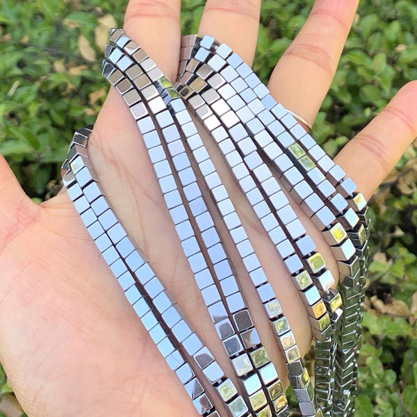 Grade A Natural Hematite Gemstone Cube Beads, White Gold Plated, 2 strands/190pcs Beads, 4mm/Small Tiny, Hole ID 1mm, GFC-K5