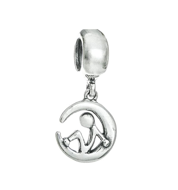1pc Solid 925 Sterling Silver Sitting on the Moon Blessed Bead Charm, Compatible with Pandora All Other Charm Bracelet, EC510