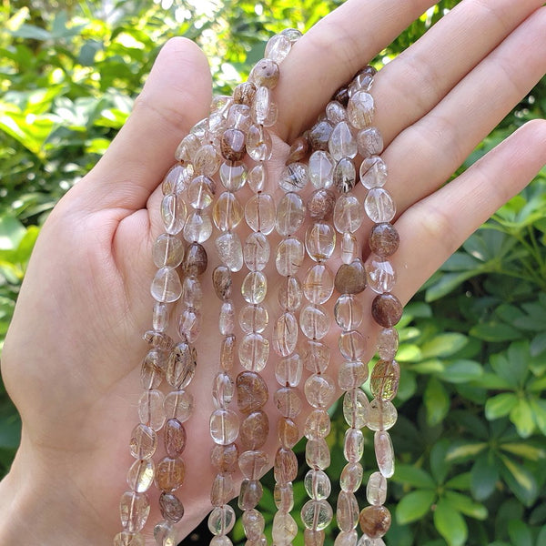 Natural Brown Copper Rutilated Quartz Gemstone Oval Tumbled Pebble Beads, Irregular, 6mm to 8mm, Hole ID 1mm, 15 Inch/1 Strand, GZ11-34