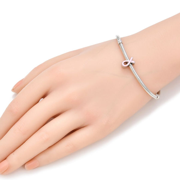 20pcs Pink Enamel Ribbon Symbol of Awareness Large Hole Beads, Hole ID 4.5mm, Antique Silver, Zinc Alloy Metal, MEC-C14