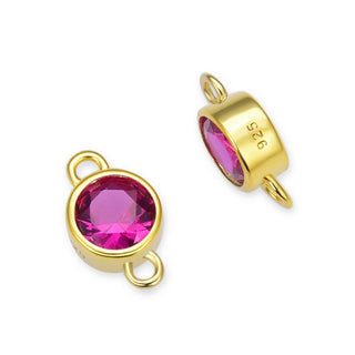 2pcs 925 Sterling Silver 6mm July Birthstone Links, Real 18K Yellow Gold Plated, Ruby Red Cubic Zirconia Gemstone Connector, SXP9-7