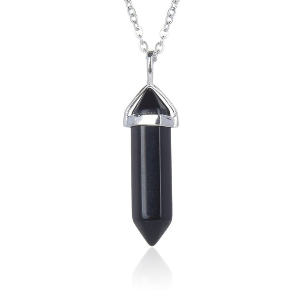 1pc Natural Black Crystal Gemstone Pendant Necklace, 18 Inch Surgical Stainless Steel Chain, GGP-C15