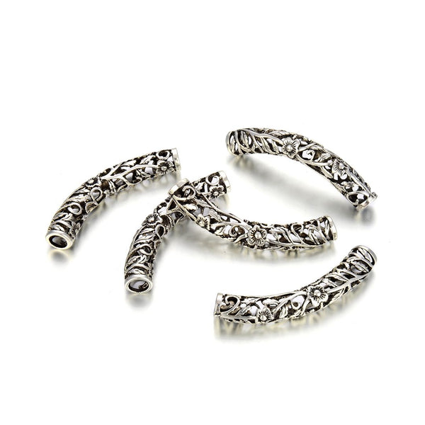 10pcs Large Hole Curved Filigree Flower Noodle Tubes, Antique Silver, 48mm (1.89 Inch), Hole ID 5.5mm, MC-L1