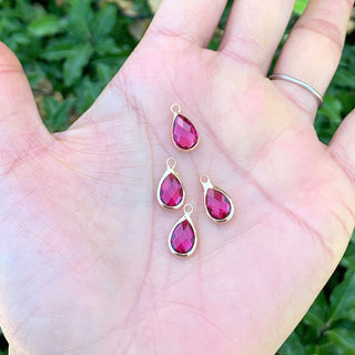 10pcs Grade A July Ruby Teardrop Birthstone Charm Drop, 18K Yellow Gold Plated Brass, Size Selections: 11x7mm, 14x8mm, 16x9mm