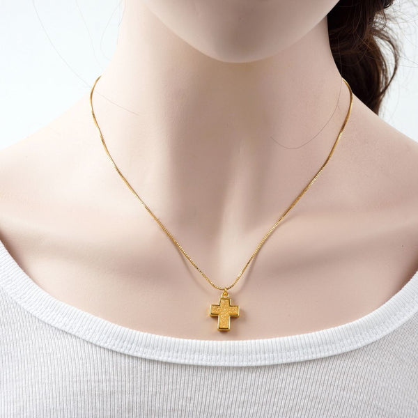 1pc Natural Druzy Crystal Pendant Necklace, Golden Champagne Cross Small Gemstone Pendant, 18 inch Gold Plated Stainless Steel Chain, GGP20-2