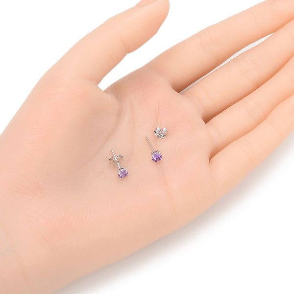 1 Pair 925 Sterling Silver February Birthstone Round Cut Stud Earrings, 4mm/0.25 Carat Small Tiny Cubic Zirconia CZ Purple Amethyst Stone, SSE78-2