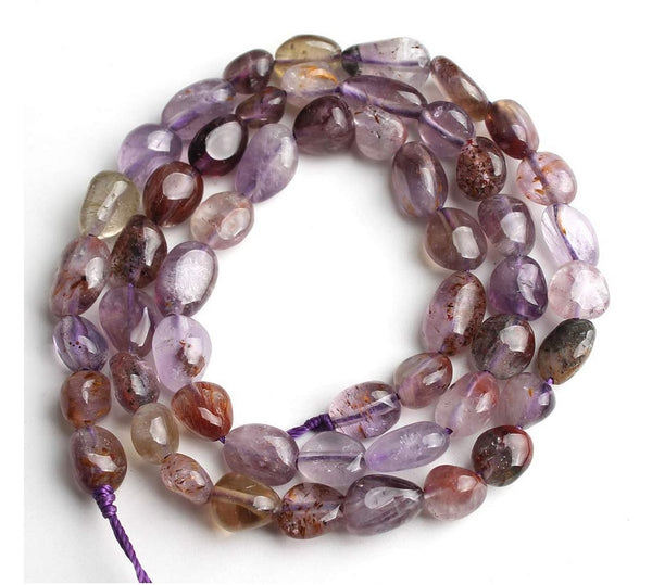 Natural Purple Rutilated Quartz Gemstone Oval Tumbled Pebble Beads, Irregular, 6mm to 8mm, Hole ID 1mm, 15 Inch/1 Strand, GZ11-35