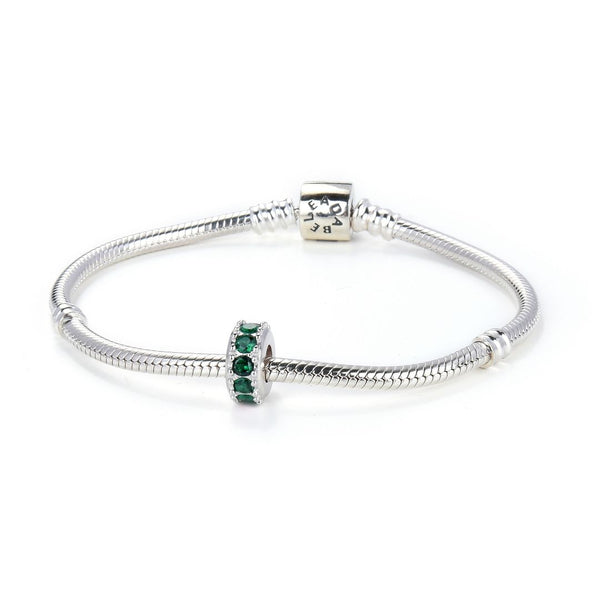 1pc 925 Sterling Silver May Birthstone Bead Charm, Green Emerald Cubic Zirconia CZ, 9.5x5mm, Hole ID 4.5mm, EC1-C5