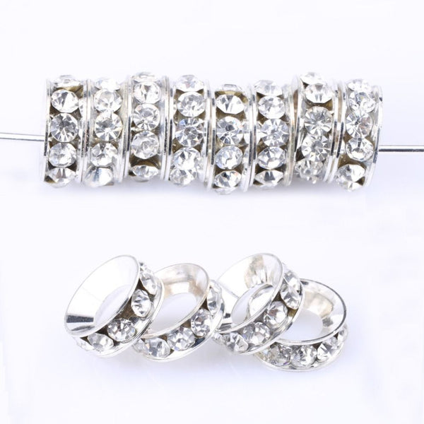 50pcs Grade A Large Hole Crystal Rhinestone Rondelle Beads, Sterling Silver Plated Brass, 10mm, Hole ID 5.5mm, CF5-10