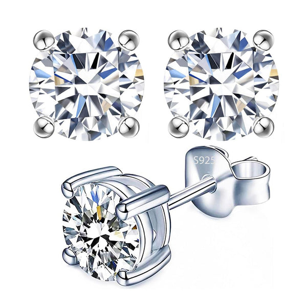 1 Pair 925 Sterling Silver April Birthstone Round Cut Stud Earrings, 8mm/2 Carat Cubic Zirconia CZ Diamond Stone, SSE49-4