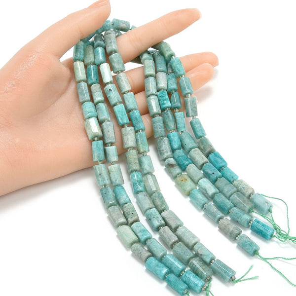 Natural Green Blue Amazonite Gemstone Faceted Tube Beads, 14x7mm, Hole ID 1mm, 15 Inch/1 Strand, GZ8-14