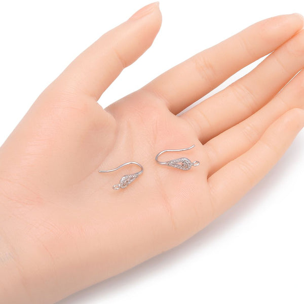 4pcs 925 Sterling Silver Fancy Pear Drop Pattern Earring Hooks, 18 Cubic Zirconia CZ, Tarnish Resistant Rhodium Plated, 18mm, SS449