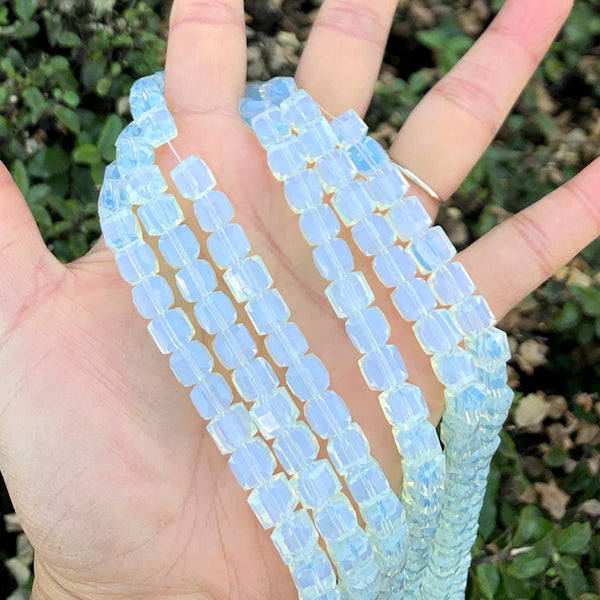 100pcs Creative Club Faceted Cube Crystal Glass Beads, White Opal, 8mm, Hole ID 1mm, CCC834
