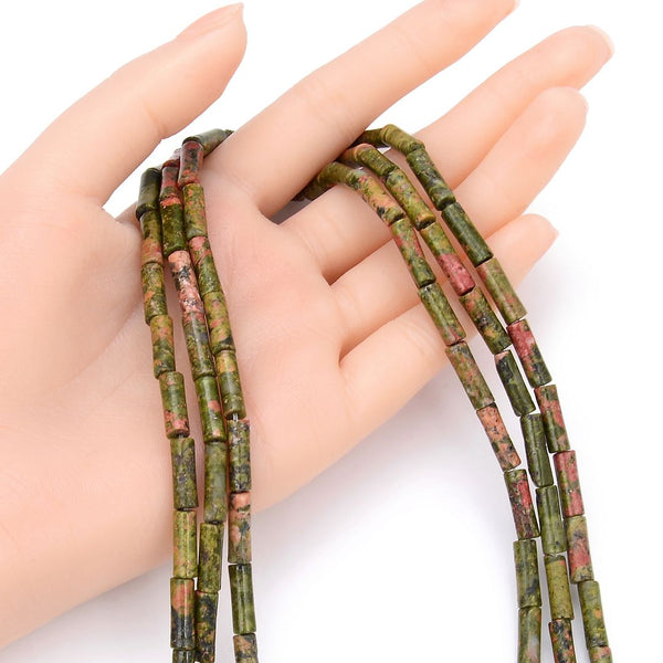 Natural Unakite Jasper Gemstone Cylinder Tube Beads, 13x4mm, Hole ID 1mm, 14.5 Inch/1 Strand, GH-H2