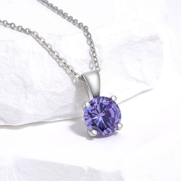 925 Sterling Silver June Birthstone Solitaire Necklace, 8mm/2 Carat Purple Alexandrite Cubic Zirconia CZ, Length Selections: 16 inch/18 inch