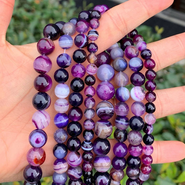 AAA Natural Banded Purple Agate Gemstone Round Beads, 15 Inch/1 Strand, Size Selections: 4mm/6mm/8mm/10mm