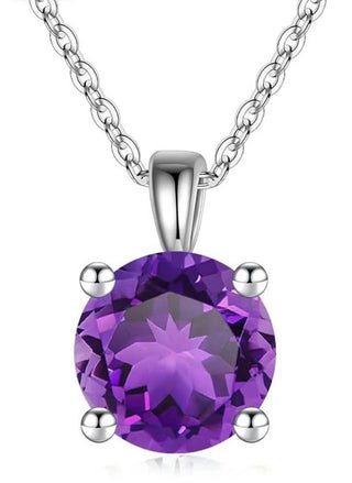 925 Sterling Silver February Birthstone Solitaire Necklace, 6mm/0.84 Carat Purple Amethyst Cubic Zirconia CZ, Length Selections: 16 inch/18 inch