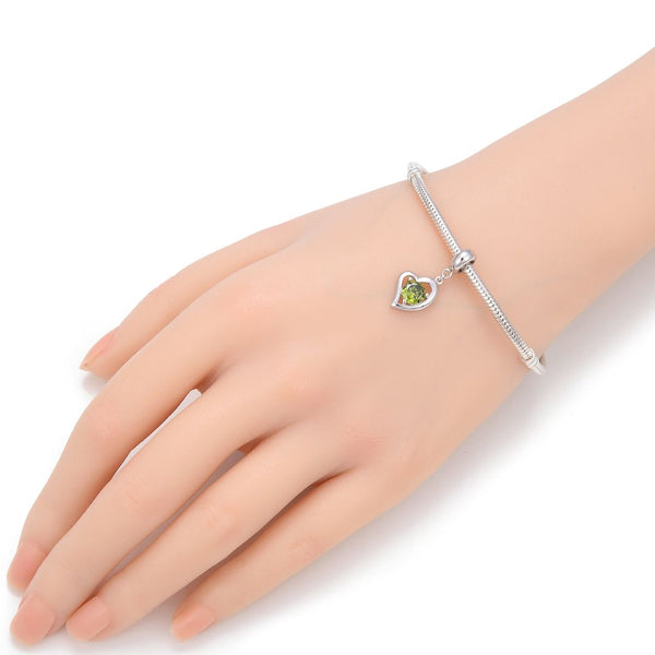 1pc 925 Sterling Silver Love Heart August Birthstone Charm Drop, Green Peridot Cubic Zirconia CZ, 26mm (1 inch) Long, Hole ID 4.5mm, EC1-E8