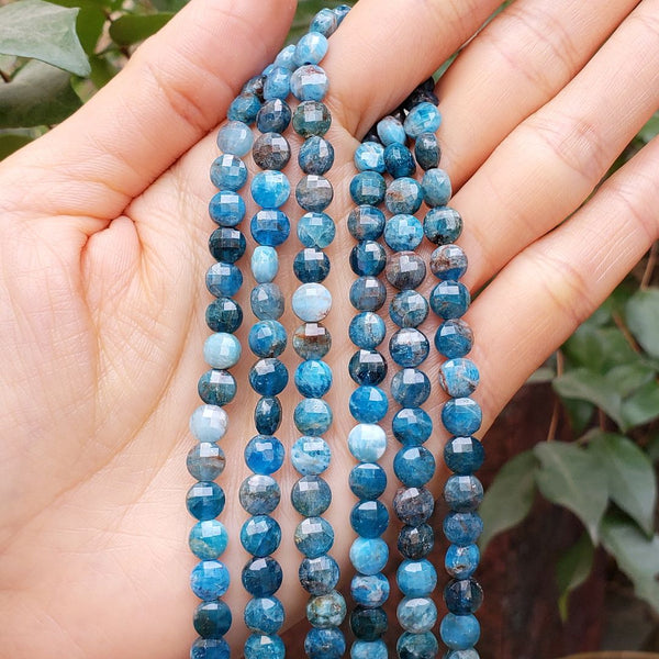 Natural Blue Apatite Gemstone Faceted Flat Round Coin Beads, 6mm, Hole ID 1mm, 15 Inch/1 Strand, GZ13-4